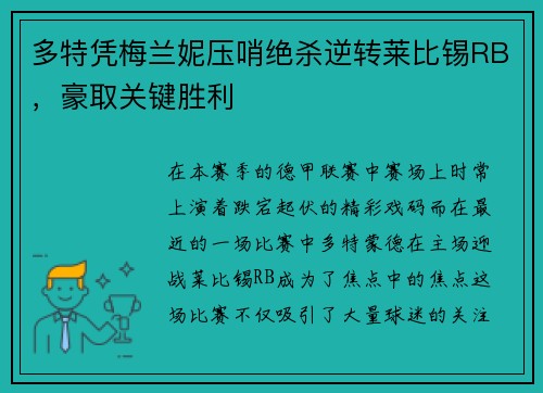 多特凭梅兰妮压哨绝杀逆转莱比锡RB，豪取关键胜利